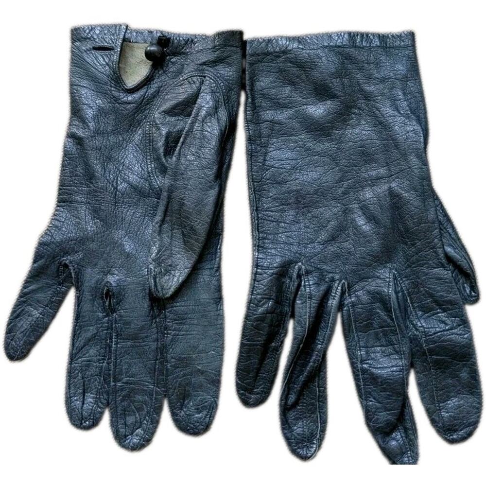 Vtg Black Leather Driving Gloves Womens 7 Button